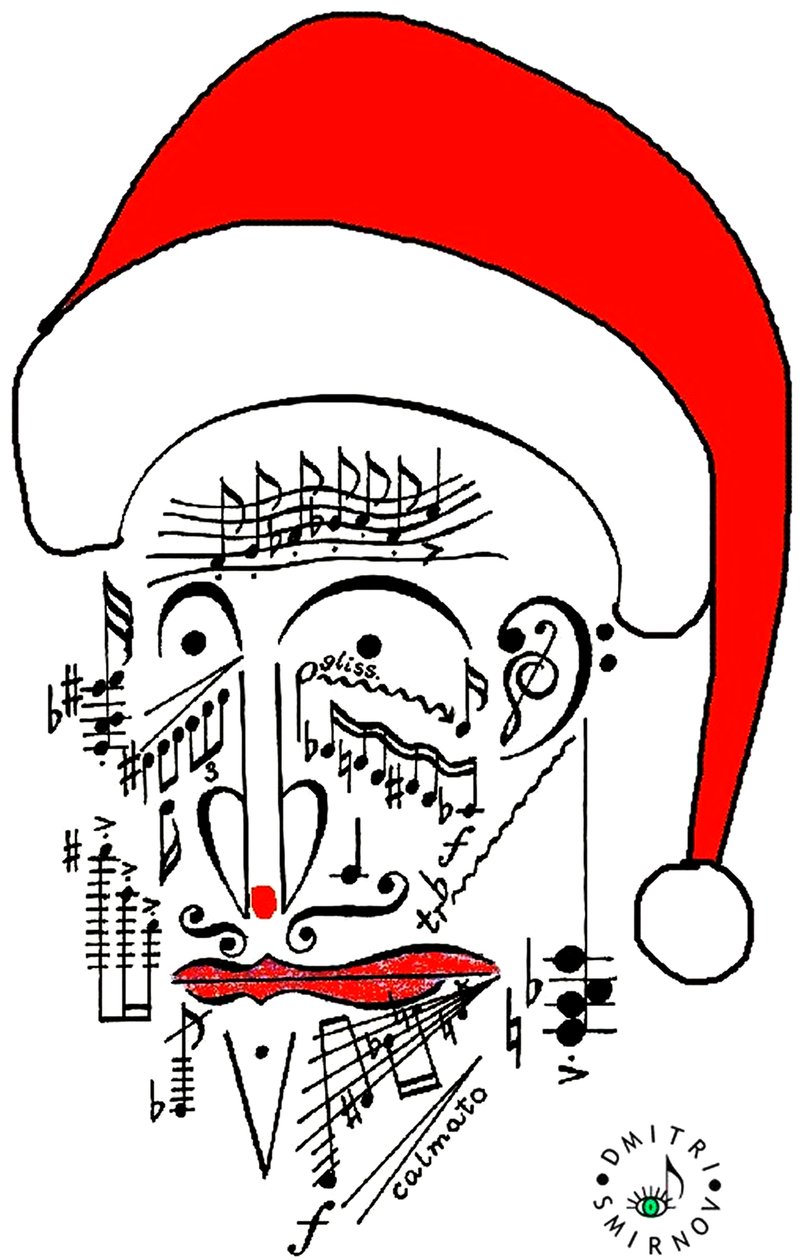 Pai Natal musical - a cabeça do Pai Natal desenhada com notação musical e com um chapéu vermelho de Dmitri Smirnov