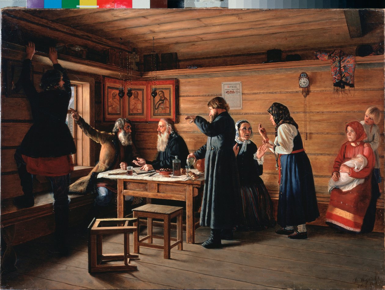 Controvérsia religiosa - Pintura de Dmitri Yegorovich Zhukov (1841-1903), óleo sobre tela de Dmitri Yegorovich Zhukov