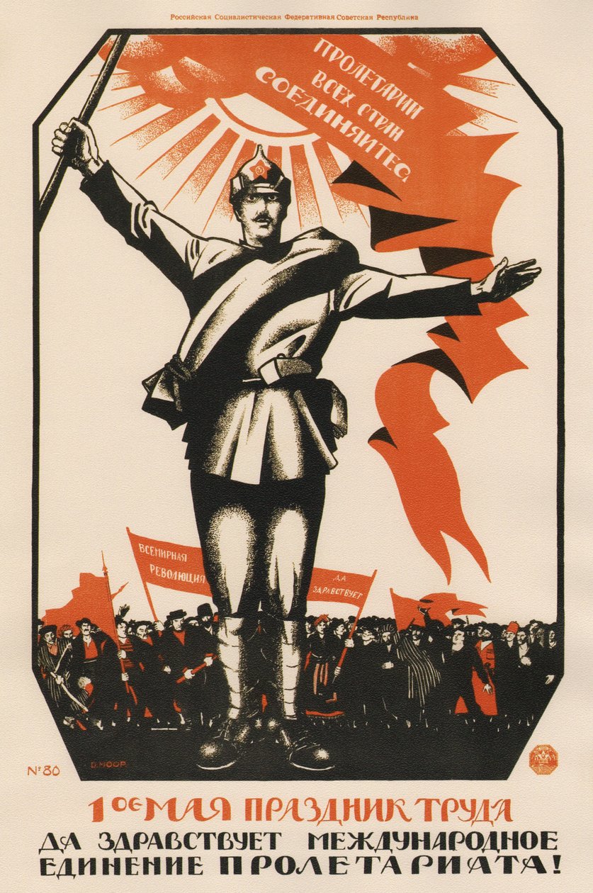 O 1º de Maio é o festival do trabalho de parto. Viva a unidade internacional do proletariado! - Mouro, Dmitri Stachievich (1883-1946) - 1920 - Litografia a cores - 107x71 - Biblioteca Estadual Russa, Moscovo de Dmitry  Moor