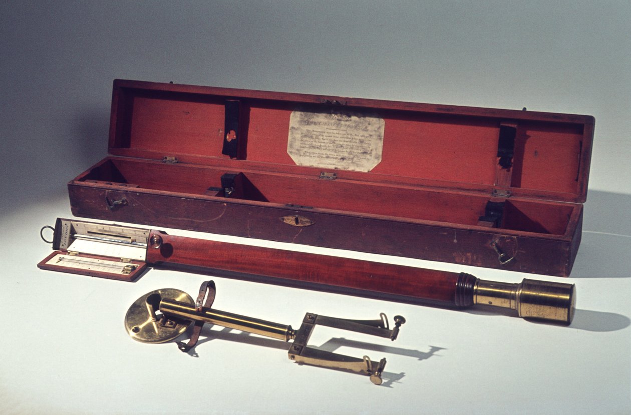 Barômetro marinho com suporte de parede e suspensões, em caixa de madeira com instruções, c.1820 (mogno e latão) de Dollond