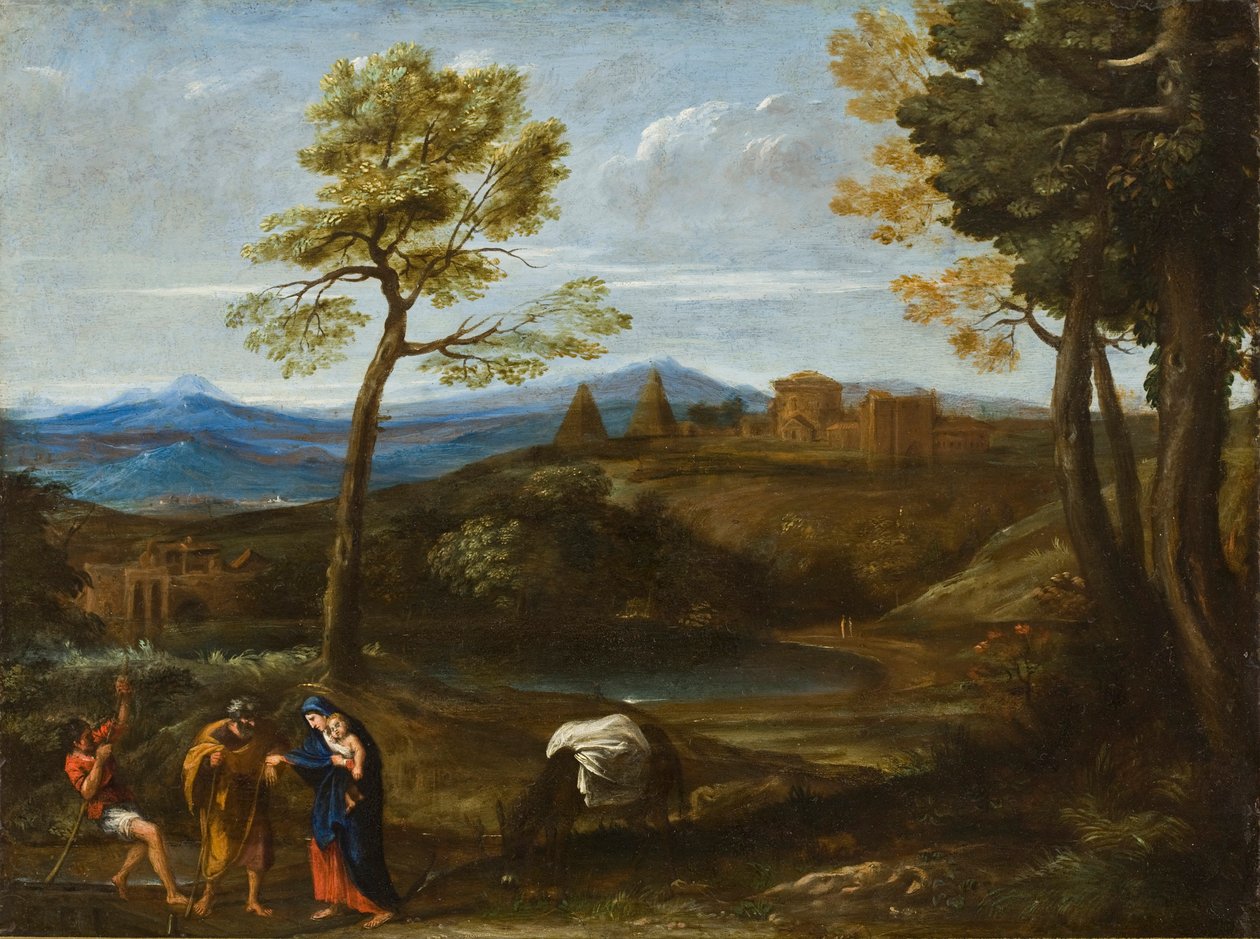 Paisagem com a fuga para o Egito, c.1605 (óleo sobre cobre) de Domenichino