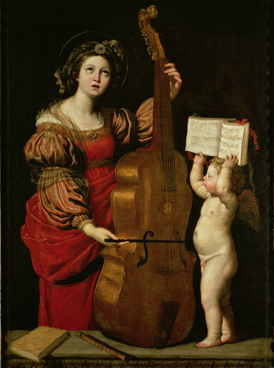 Santa Cecília com um anjo segurando uma partitura musical, c.1620 de Domenichino