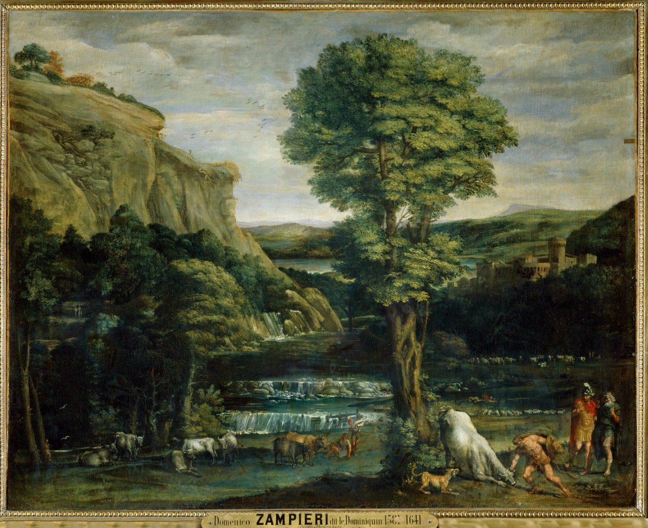 Paysage avec Hercule combattant Achelaos change en toreau - Paisagem com Hércules a combater Achelaos transformado em touro ... de Domenichino (1581 1641)