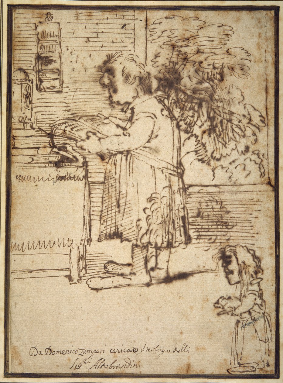 Caricatura da teóloga Aldobrandini, com uma anã fêmea segurando seu cão (caneta e tinta sobre papel) de Domenichino