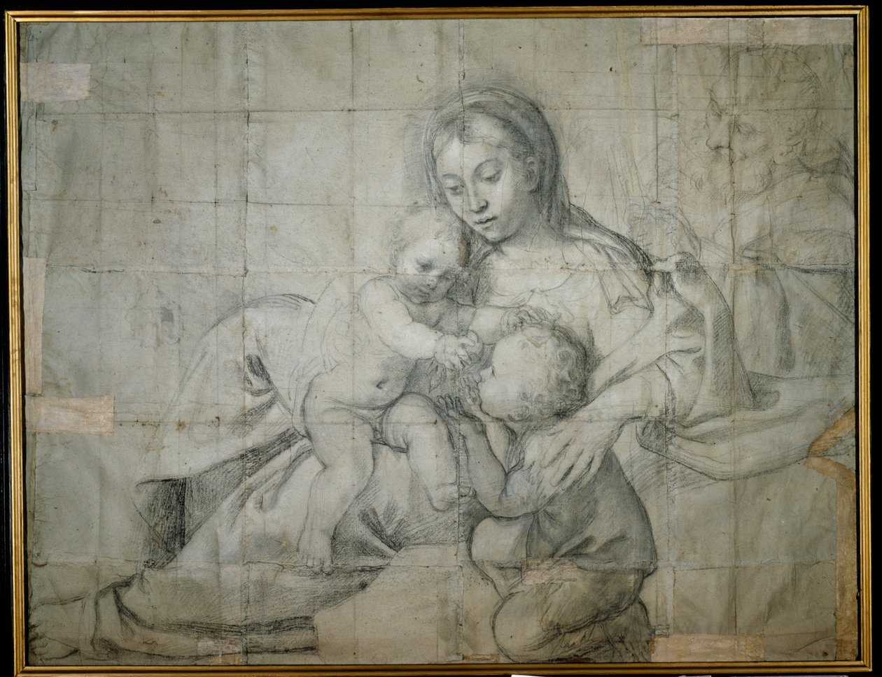 Sagrada Família em Descanso com o Menino São João Batista (giz preto sobre papel) de Domenichino