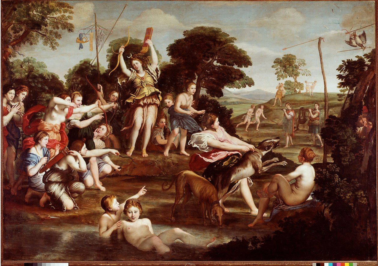 The Hunt of Diana Painting by Domenico Zampieri dit Il Domenichino (1581-1641) 1617 Dim. 218x312 cm Rome Galleria Borghese - The Hunt of Diana, de Domenico Zampieri a.k.a Il Domenichino (1581-1641). Óleo sobre tela, 218x312 cm de Domenichino