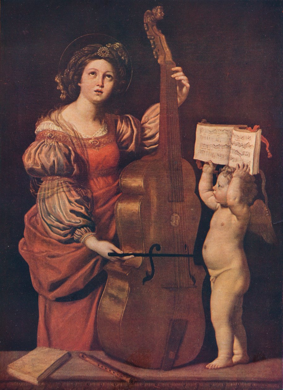 Santa Cecília com um anjo segurando uma partitura, 1617-1618 de Domenichino
