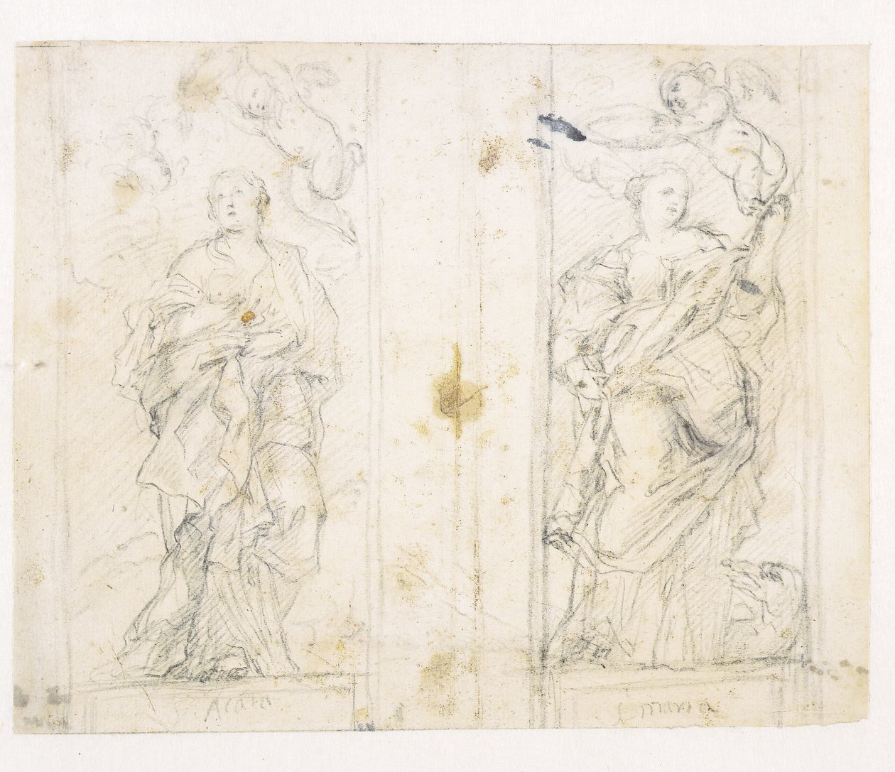Dois nichos com figuras em pé das Santas Ágata e Margarida sendo coroadas por putti de Domenichino