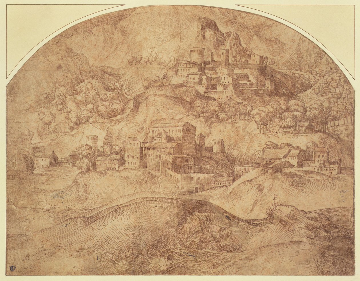 Paisagem montanhosa (caneta e tinta) de Domenico Campagnola