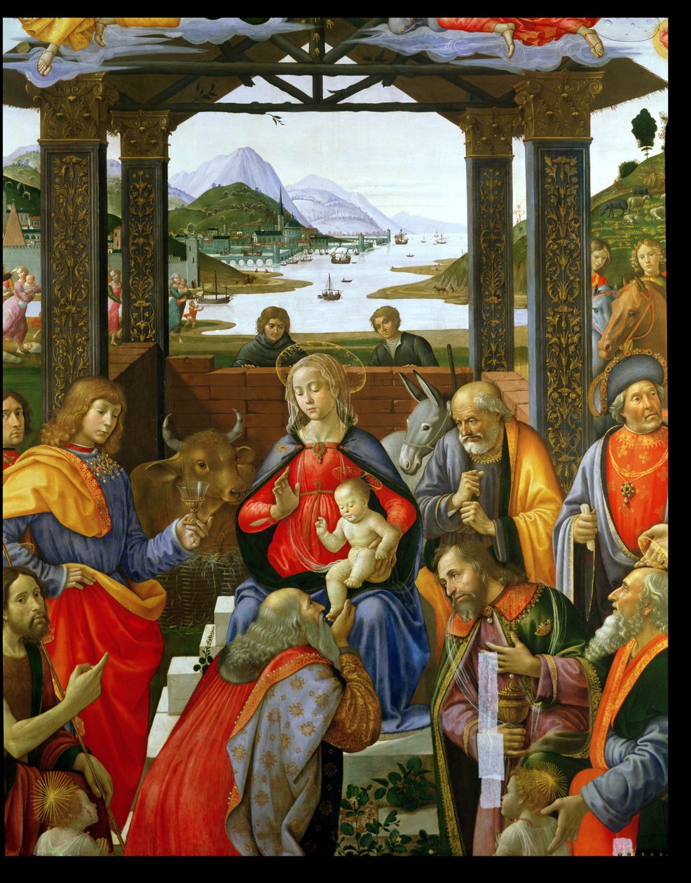 Adoração dos Magos, 1488 têmpera no detalhe do painel de 120249 de Domenico Ghirlandaio