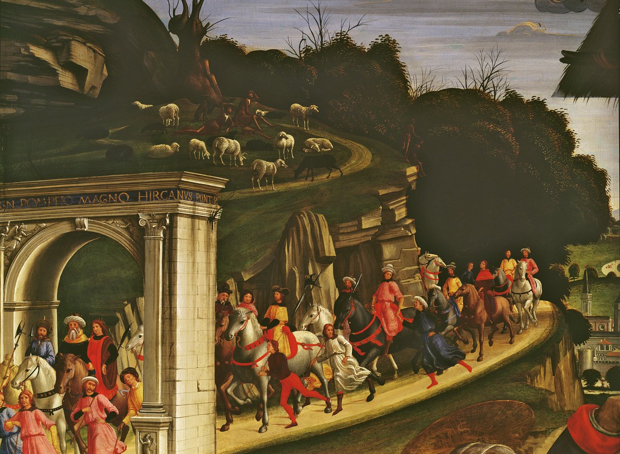 Adoração dos Pastores, detalhe mostrando a procissão dos Magos, 1485 (detalhe de 85101) de Domenico Ghirlandaio