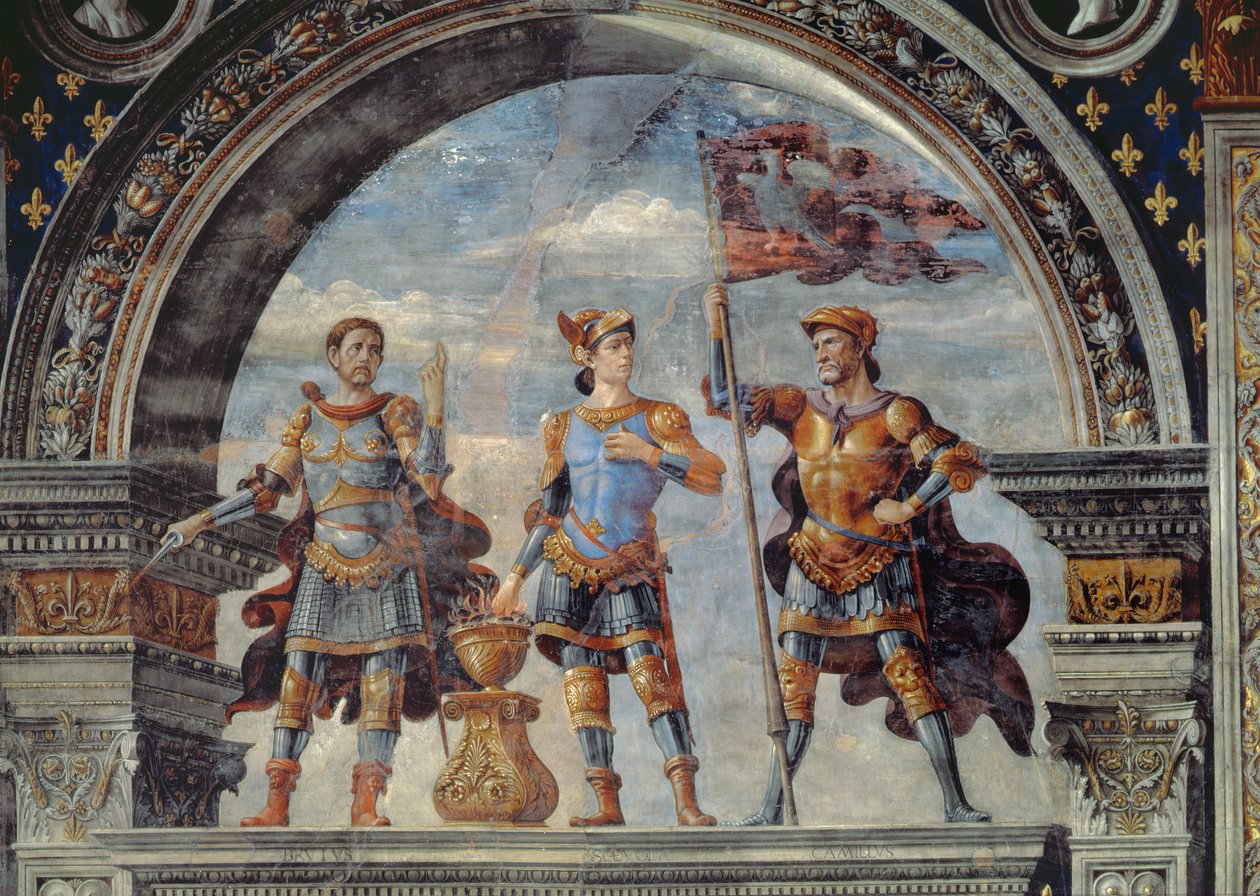 Bruto, Mucius e Furio Camillo, detalhe da fresco no Sala dei Gigli, c.1470 de Domenico Ghirlandaio