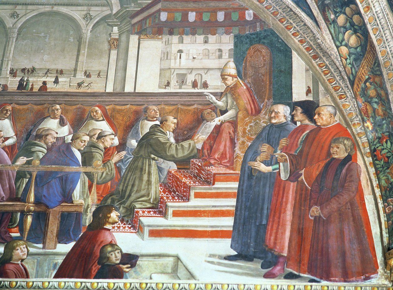 Lorenzo de &39;Medici, Sassetti e seu filho com Antonio Pucci, da capela Sassetti, 1483 (detalhe) de Domenico Ghirlandaio