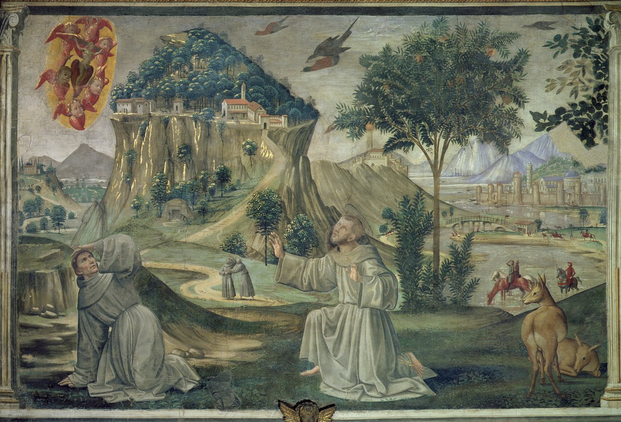 São Francisco recebendo os estigmas, cena de um ciclo da vida de São Francisco de Assis, 1486 de Domenico Ghirlandaio