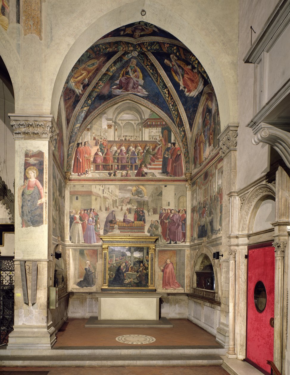 A Confirmação da Regra da Ordem de São Francisco pelo Papa Honório III e a Ressurreição de um Menino, da Vida do Ciclo de São Francisco, 1480-85 (parede central) (para detalhes ver 52661-6 de Domenico Ghirlandaio