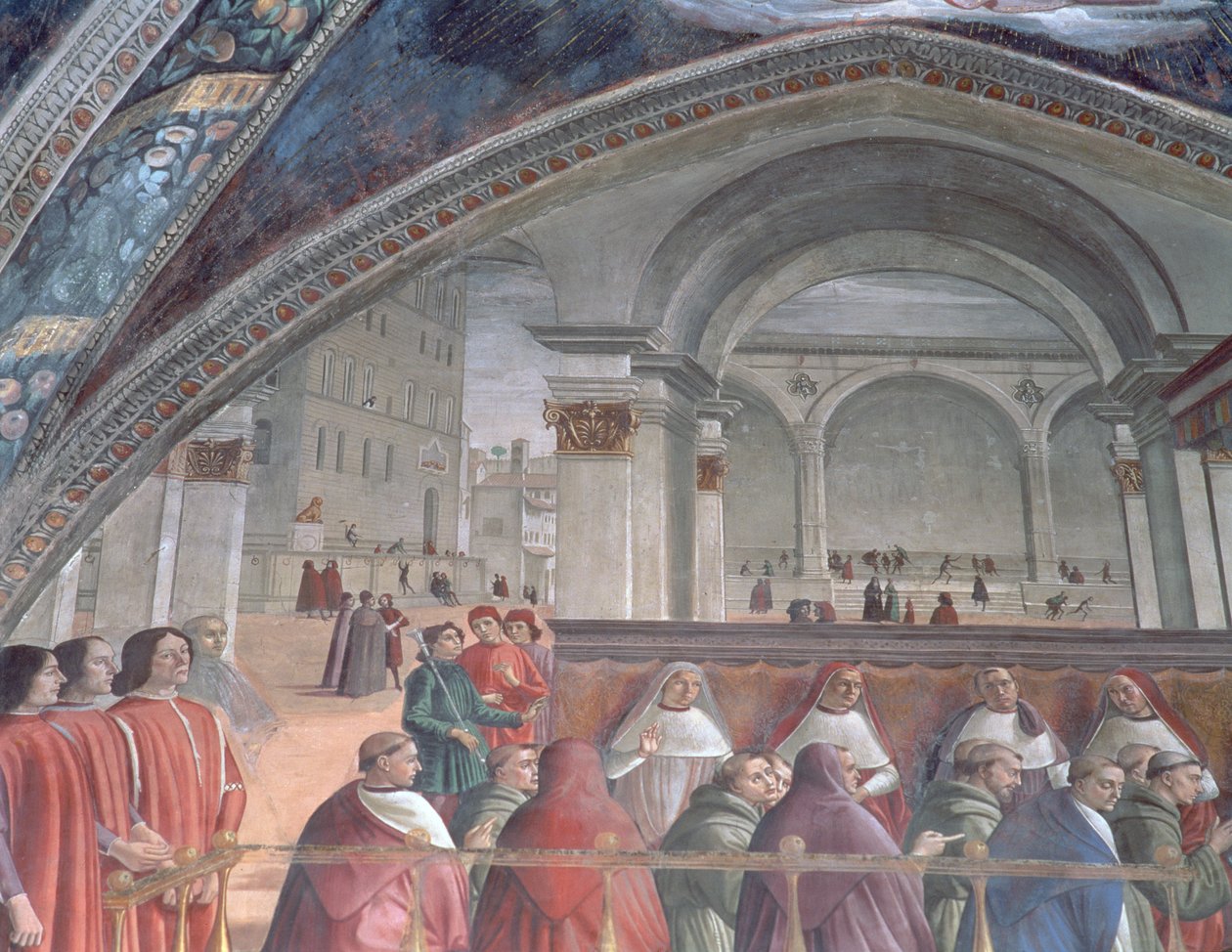 A Loggia e Palazzo della Signoria, Capela Sassetti, 1483 (detalhe) de Domenico Ghirlandaio