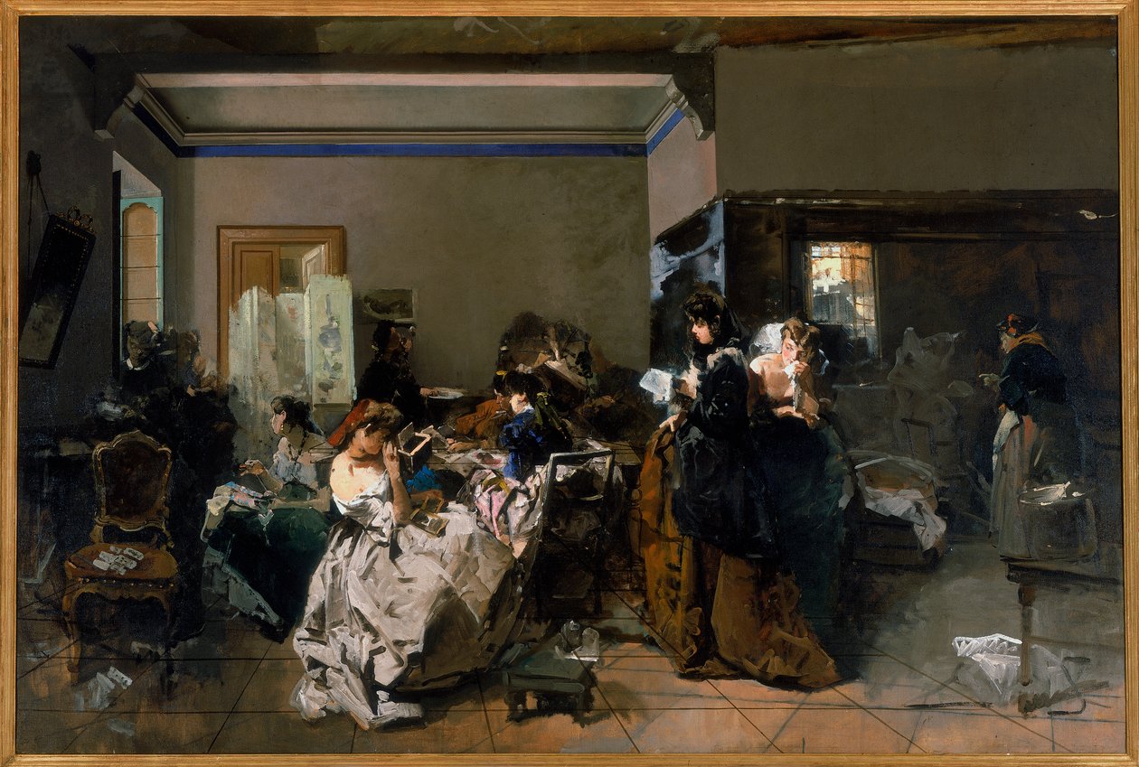 Pintura de uma oficina onde algumas jovens costureiras estão trabalhando, 1858-60 de Domenico Induno