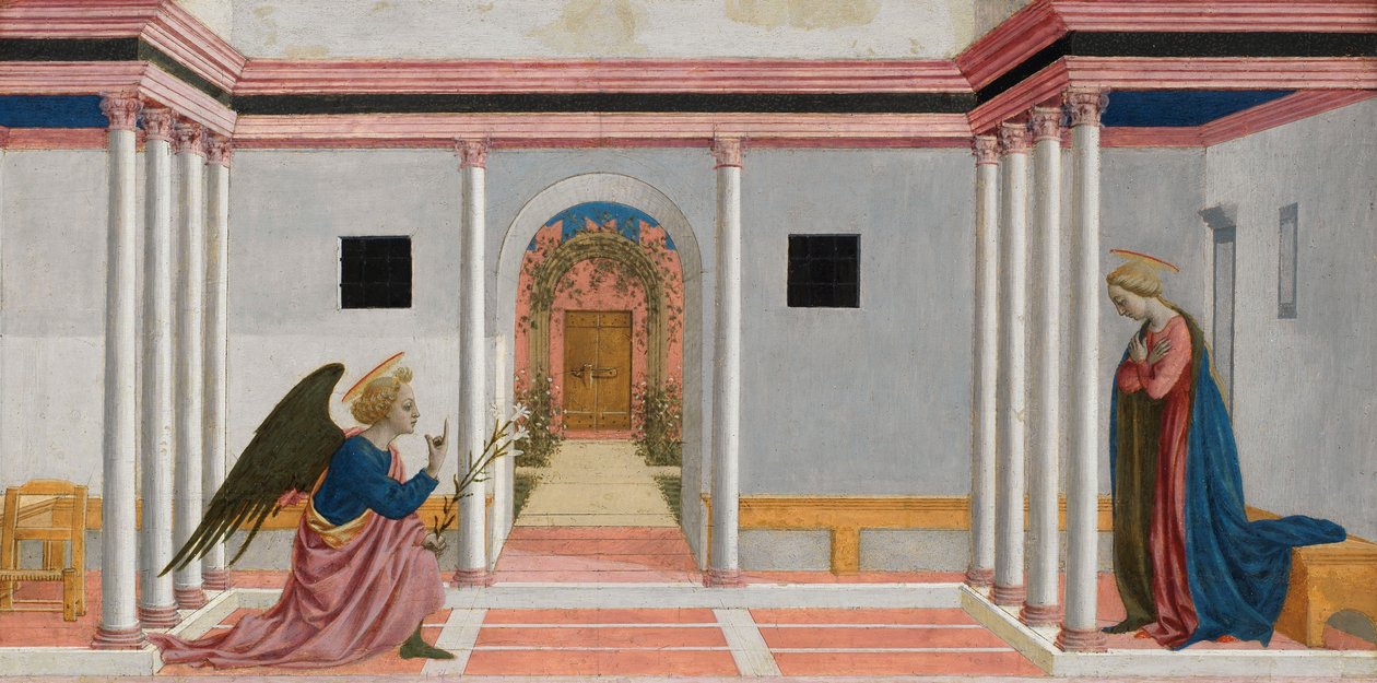 A Anunciação, painel predella do Retábulo de St. Lucy, c.1442-48 (têmpera no painel) de Domenico Veneziano