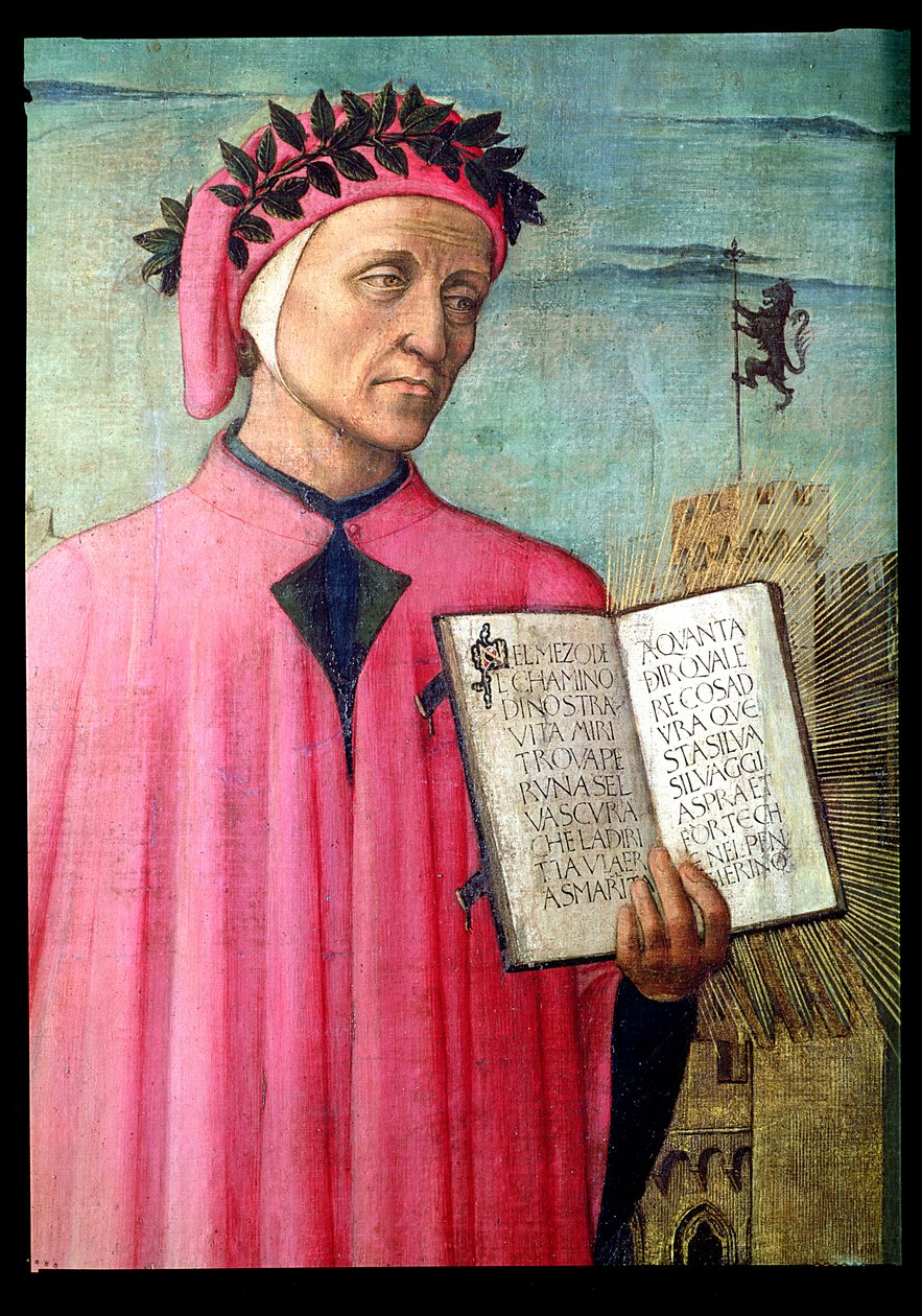 Dante lendo a Divina Comédia, detalhe de Dante Alighieri 1265-1321, detalhe do painel 1465 de 42355 de Domenico di Michelino