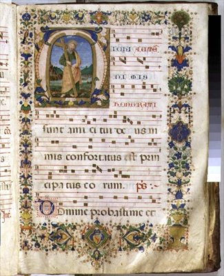 Sra. 540 f.3r Página com o "M" inicial histórico retratando Santo André, de um livro coral de San Marco e Cenacoli (vellum) de Domenico Ghirlandaio