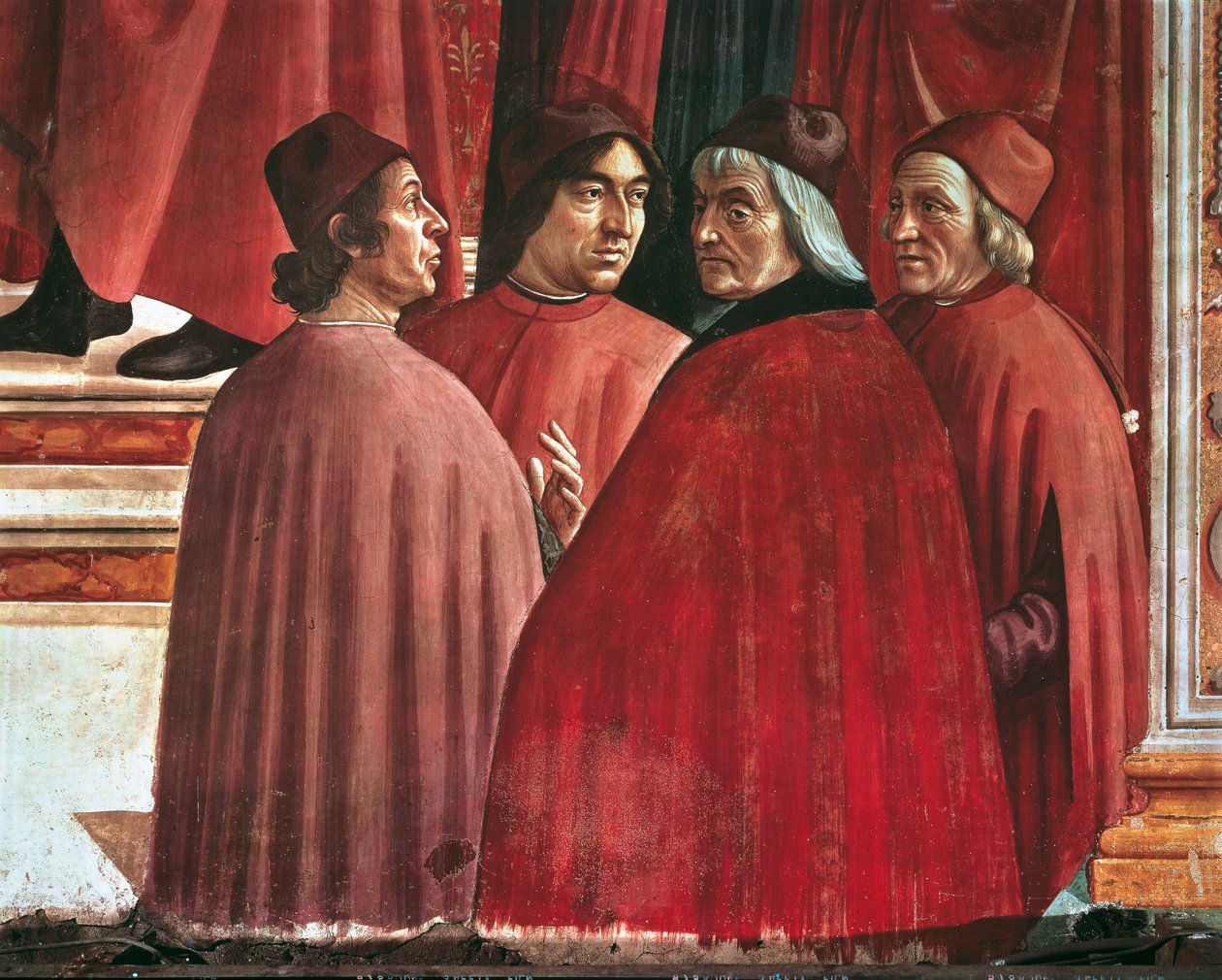 Histórias da Virgem Maria: Anunciação a Zacarias, detalhe de Cristoforo Landino, Angelo Poliziano e Marsilio Ficino, c.1485-90 (fresco) de Domenico Ghirlandaio