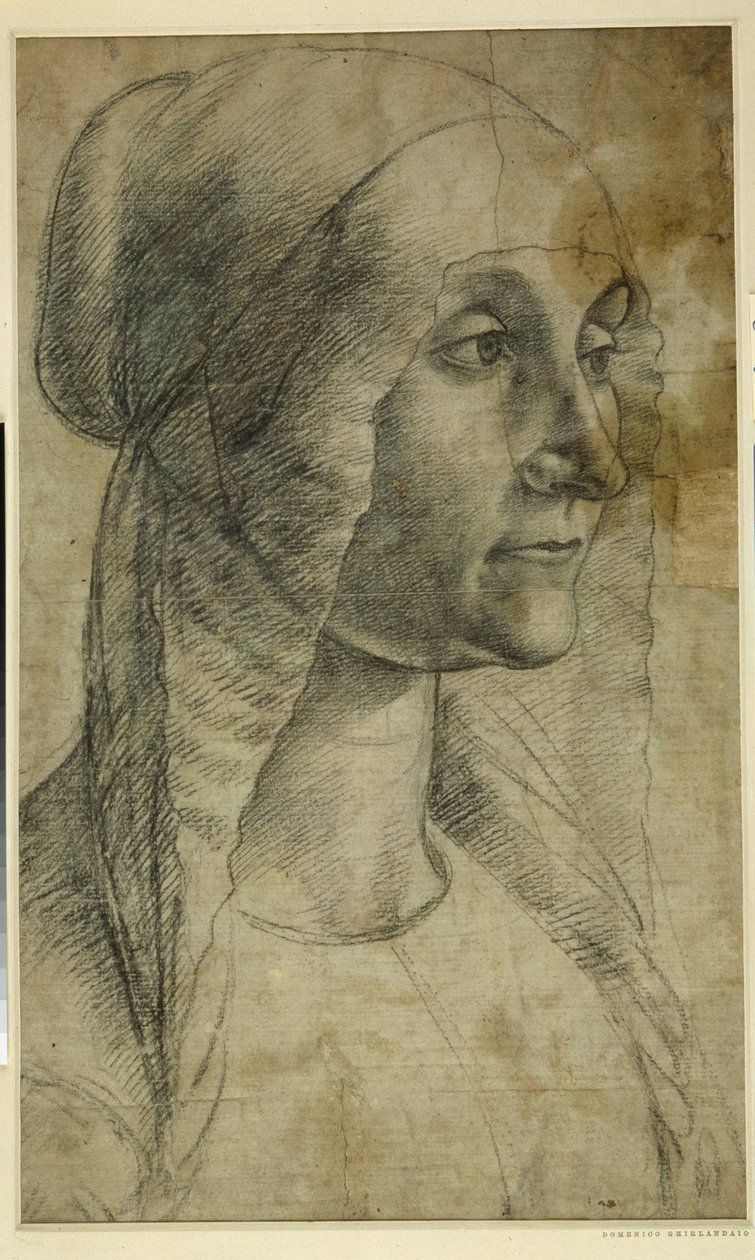 Cabeça de uma mulher vestindo um coiro (giz preto sobre papel branco_ de Domenico Ghirlandaio