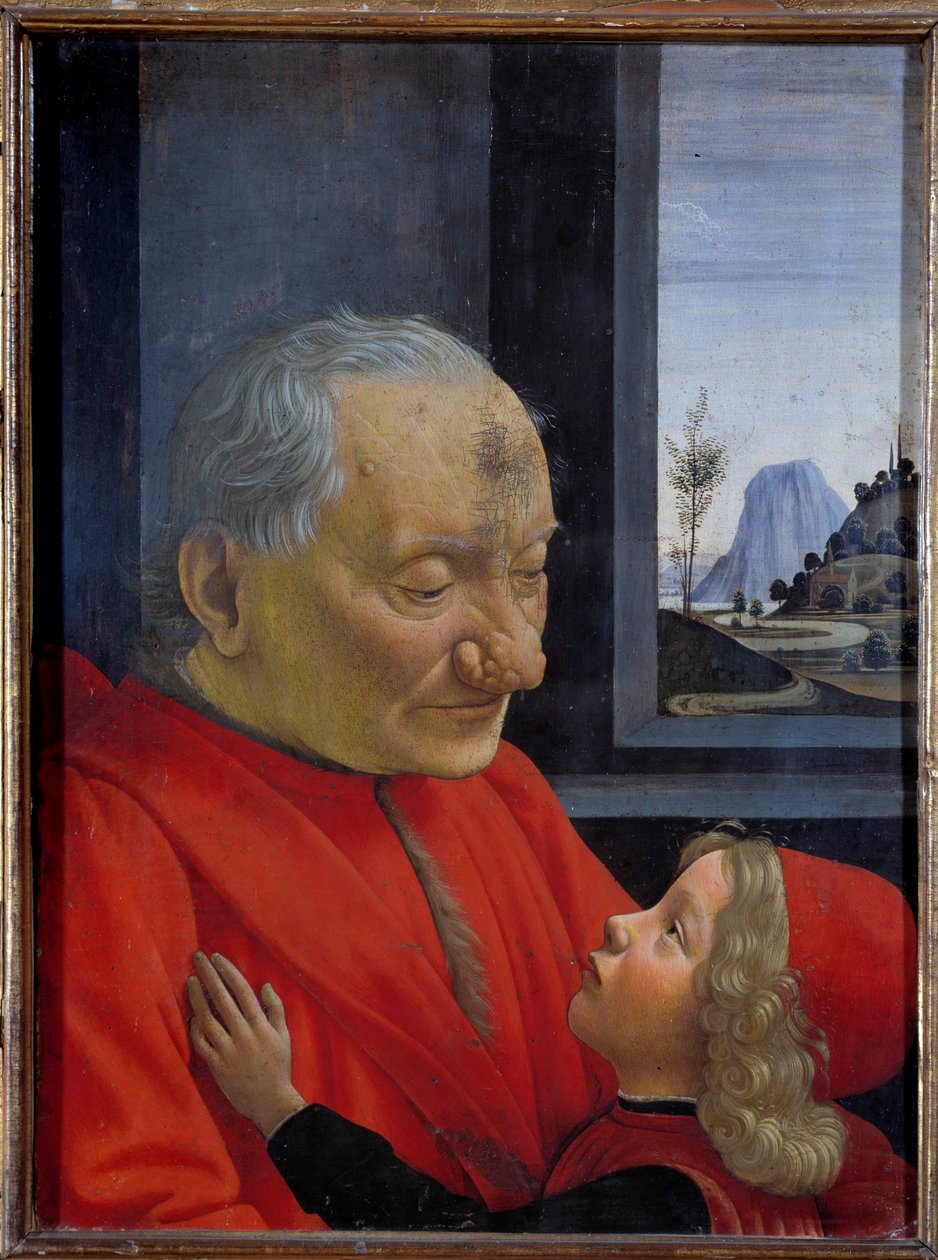Retrato de um homem velho e de um menino Pintura de Domenico Ghirlandaio (1449-1494) Sol do século XV. 0,62x0,46 m - Retrato de um homem velho e de um rapazinho (também chamado An Old Man and His Nedson). Pintura de Domenico Ghirlandaio (1449-1494) Século  de Domenico Ghirlandaio