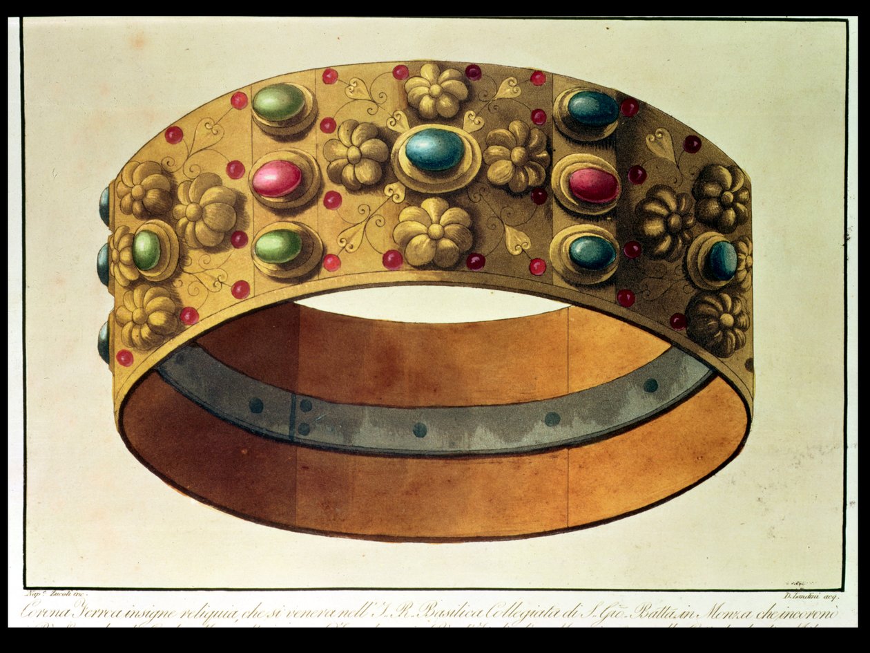 A coroa de ferro da Lombardia que coroou Carlos Magno em 777 e Napoleão em 1805 na catedral de Milão, gravada por D. Landini (água-tinta) de Domenico (after) Landini