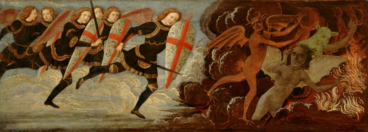 São Miguel e os Anjos em Guerra com o Diabo (têmpera no painel de madeira) de Domenico Ghirlandaio