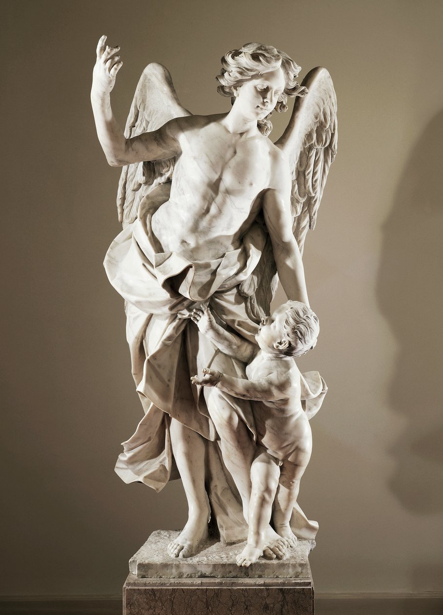 Anjo da Guarda, ca 1724, de Domenico Antonio Vaccaro (1678-1745), estátua em mármore, altura 190 cm, anti-Sacristia da Basílica de São Paulo Maggiore, Nápoles, Campânia, Itália de Domenico Antonio Vaccaro