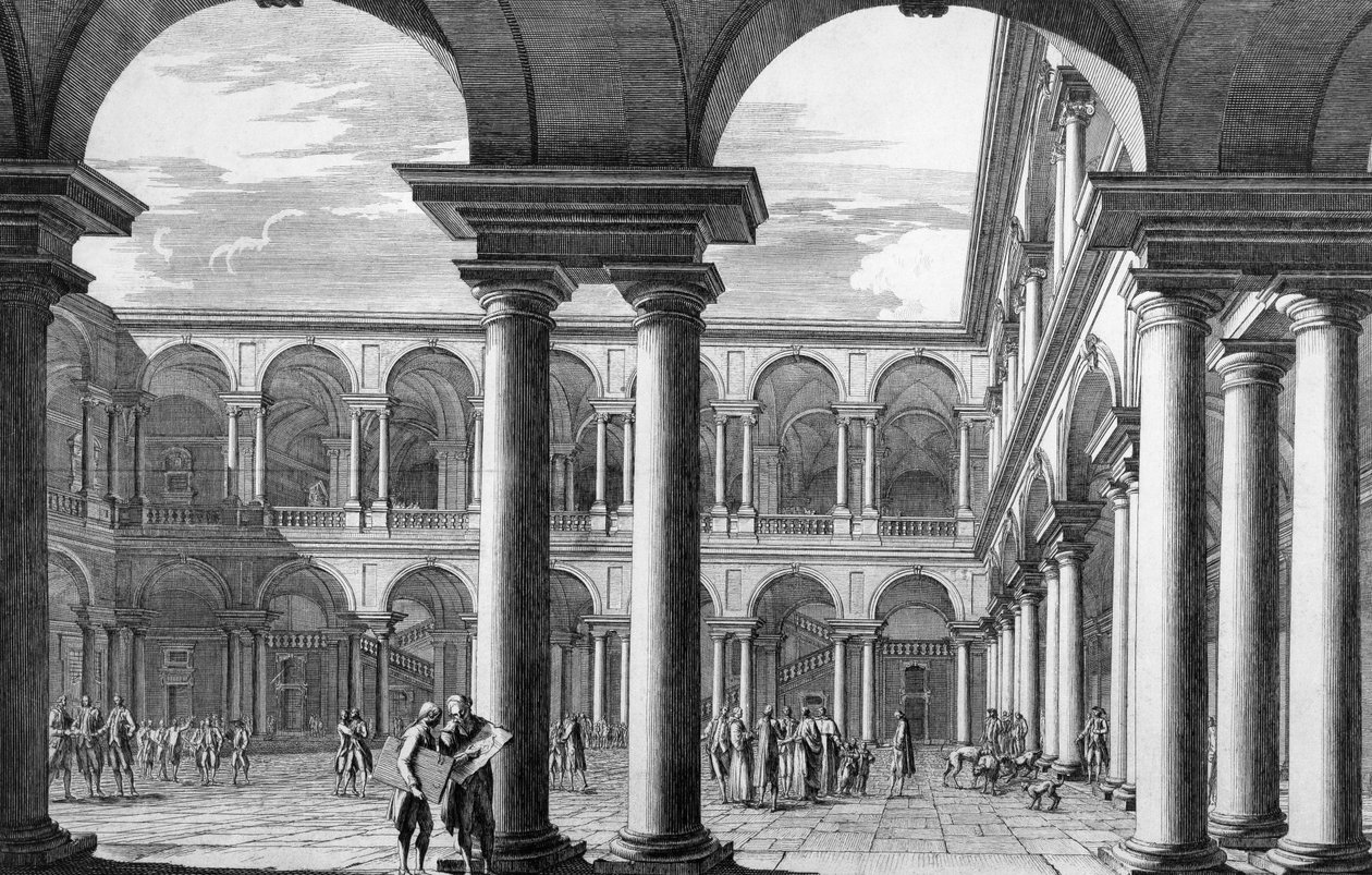 Pátio do Palácio Brera em Milão, que alberga a Academia de Belas Artes e Galeria de Arte, concebido pelo arquitecto Francesco Maria Richini (1584-1658), gravura de Domenico Aspari (1745-1831), Itália de Domenico Aspari