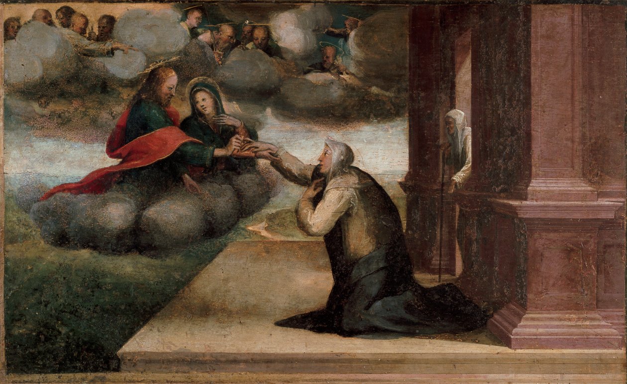 Altarpe dos estigmas de Santa Catarina. Detalhe do Predelle: O casamento místico de Santa Catarina de Siena. Pintura de Domenico Beccafumi (1486-1551) de Domenico Beccafumi