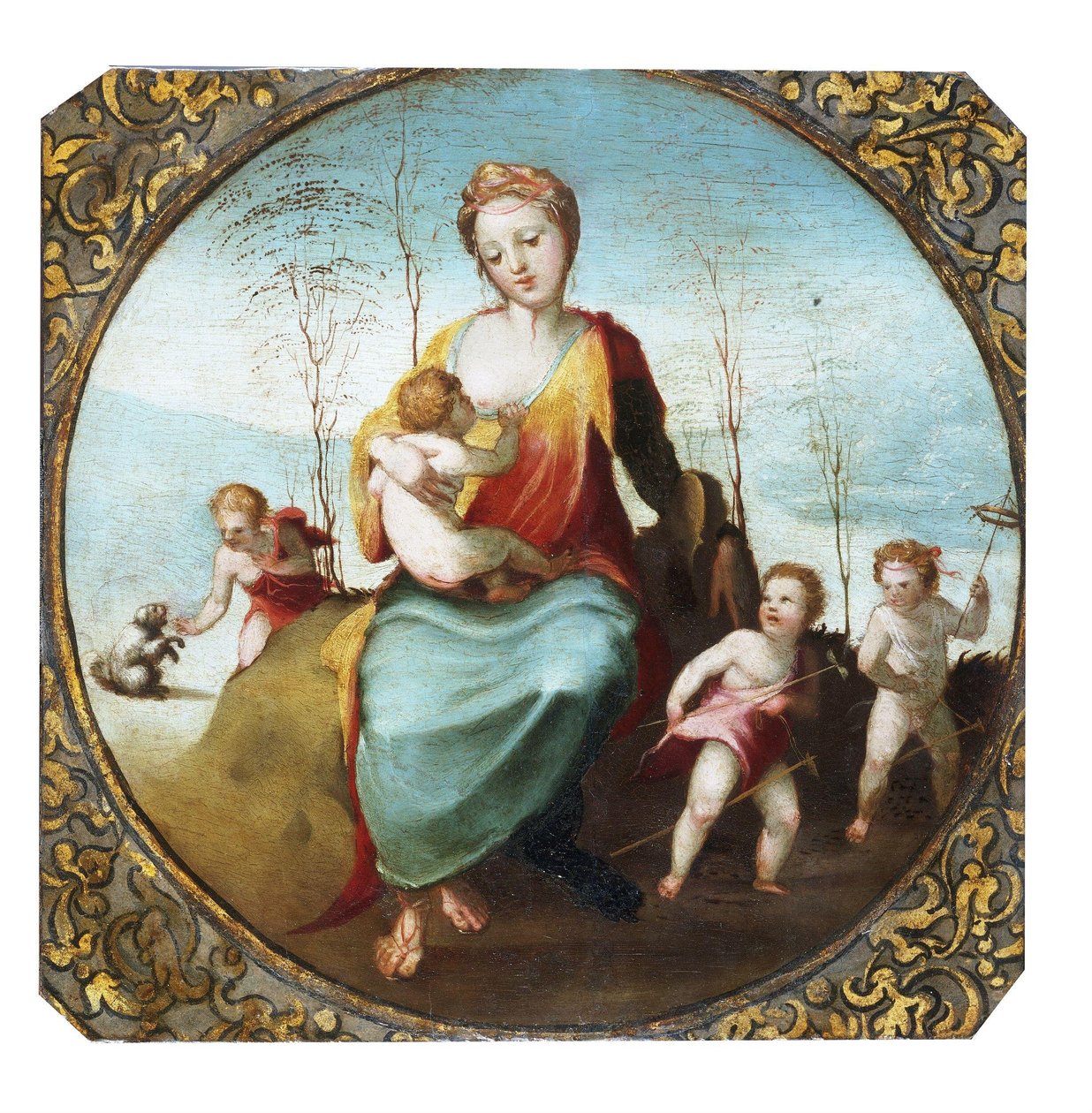 Beccafumi - Caridade a amamentar uma criança e rodeada por três crianças que brincam com um cão e cavalos de pau, ca. 1525 de Domenico Beccafumi