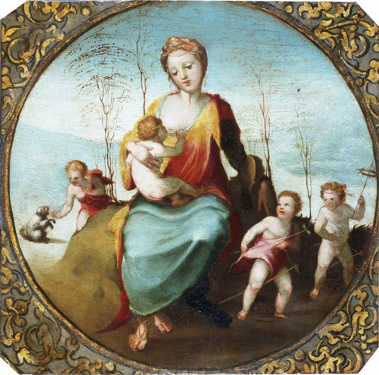 Beccafumi - Caridade a amamentar uma criança e rodeada por três crianças que brincam com um cão e cavalos de pau, ca. 1525 (recortado) de Domenico Beccafumi