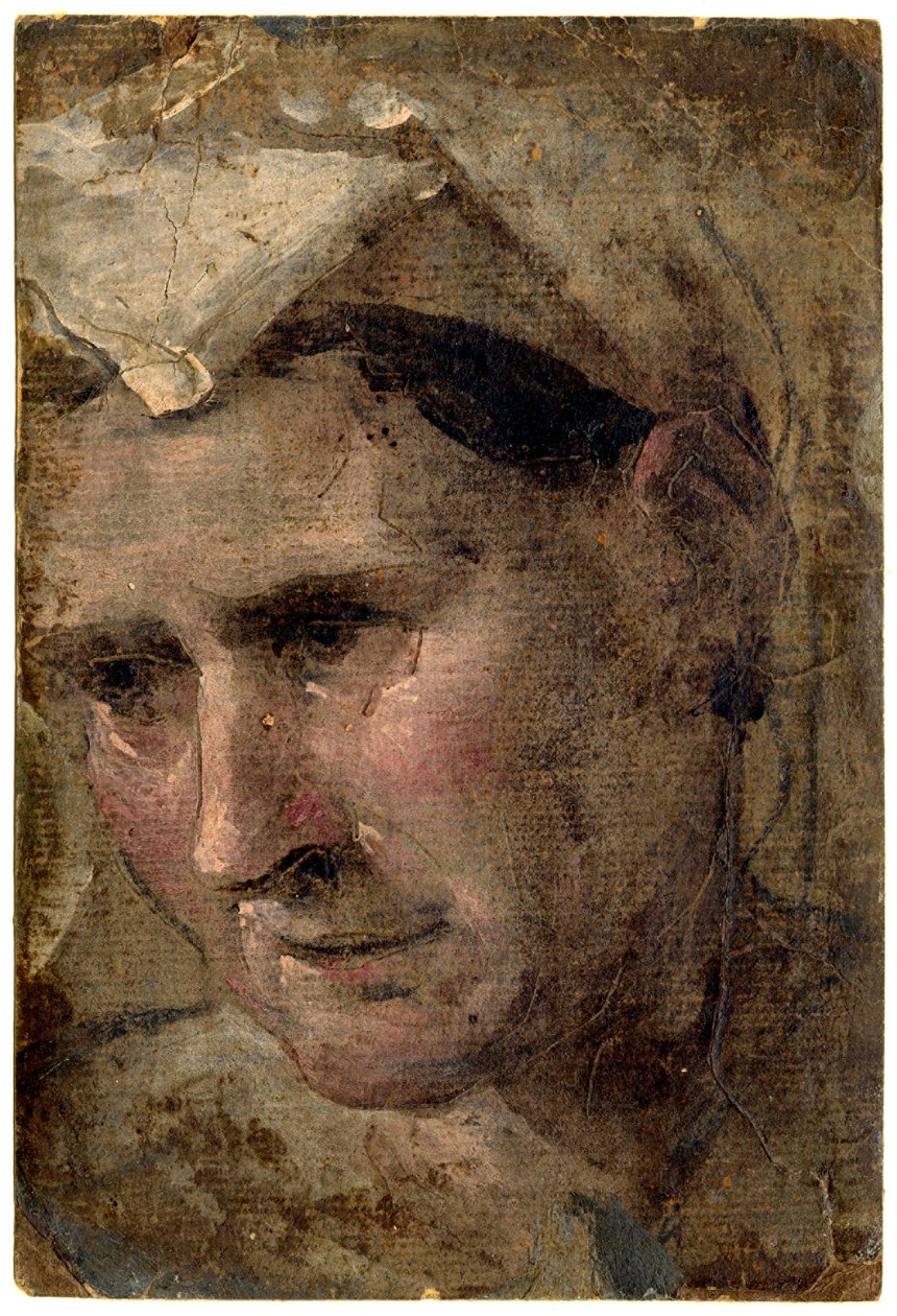Beccafumi - Cabeça de uma mulher idosa olhando para baixo para a esquerda Óleo sobre papel, 1953,1212.4 de Domenico Beccafumi