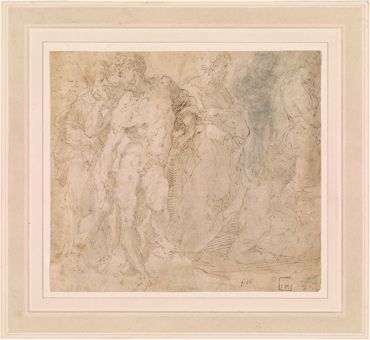 Beccafumi - Nu masculino de pé entre um grupo de figuras, uma delas reclinada, ca. 1530-1540 de Domenico Beccafumi