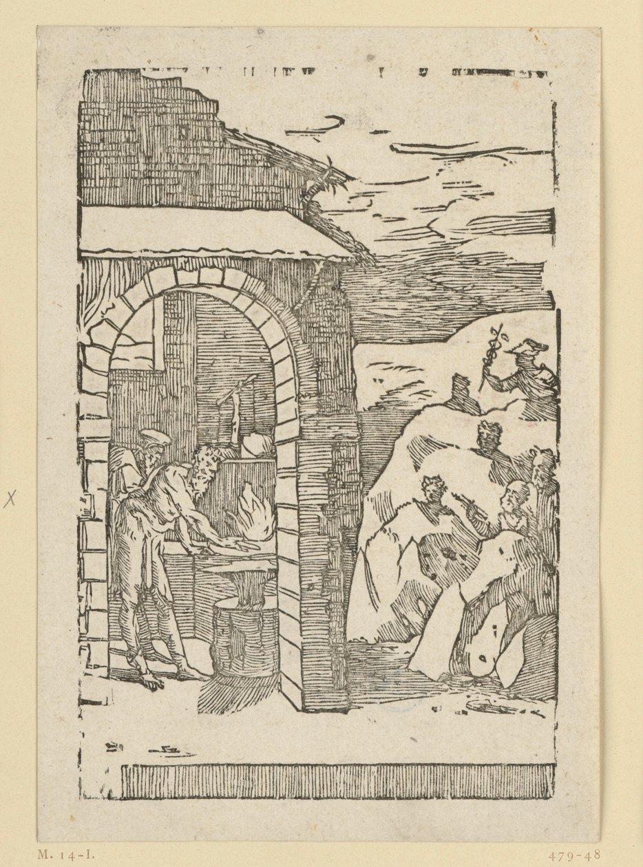 O Chamado dos Metais. Hefesto (Vulcano) e um erudito encontram-se junto à forja, enquanto lá fora, nas rochas, se escondem os deuses (como representantes dos metais): Saturno (chumbo), Júpiter (estanho), Vénus (cobre), Lua (prata), Mercúrio (mercúrio) de Domenico Beccafumi