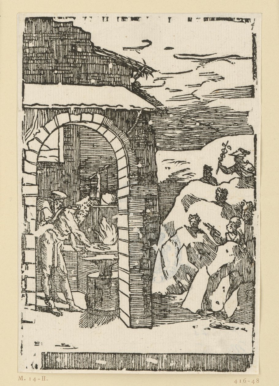 O Chamado dos Metais. Hefesto (Vulcano) e um erudito encontram-se junto à forja, enquanto lá fora, nas rochas, se escondem os deuses (como representantes dos metais): Saturno (chumbo), Júpiter (estanho), Vénus (cobre), Lua (prata), Mercúrio (mercúrio) de Domenico Beccafumi
