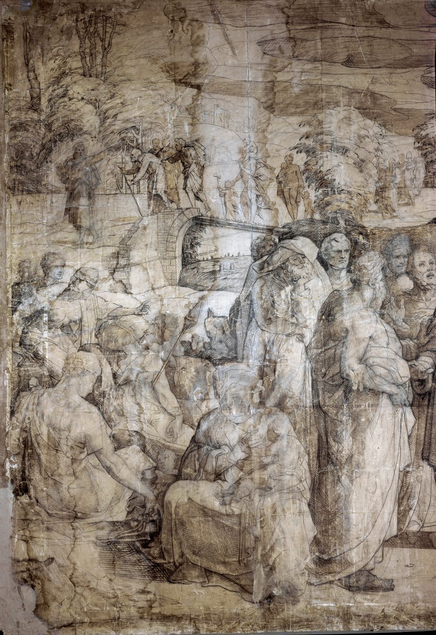 História de Moisés no Monte Sinai: Os hebreus esperam o regresso de Moisés. Desenho preparatório para o calçamento da Catedral de Siena. Pintura de Domenico Beccafumi (1486-1551). Itália, Siena, Pinacoteca Nacional. (Siena, Pinacoteca Nazionale). de Domenico Beccafumi