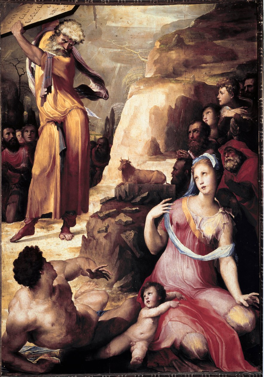 Moisés a quebrar as tabelas da lei. O povo hebreu em adoração diante do bezerro de ouro parece assustado com a ira de Moisés, que ousa quebrar as mesas nas quais estão inscritos os 10 mandamentos. Pintura de Domenico Beccafumi (1486-1551) de Domenico Beccafumi