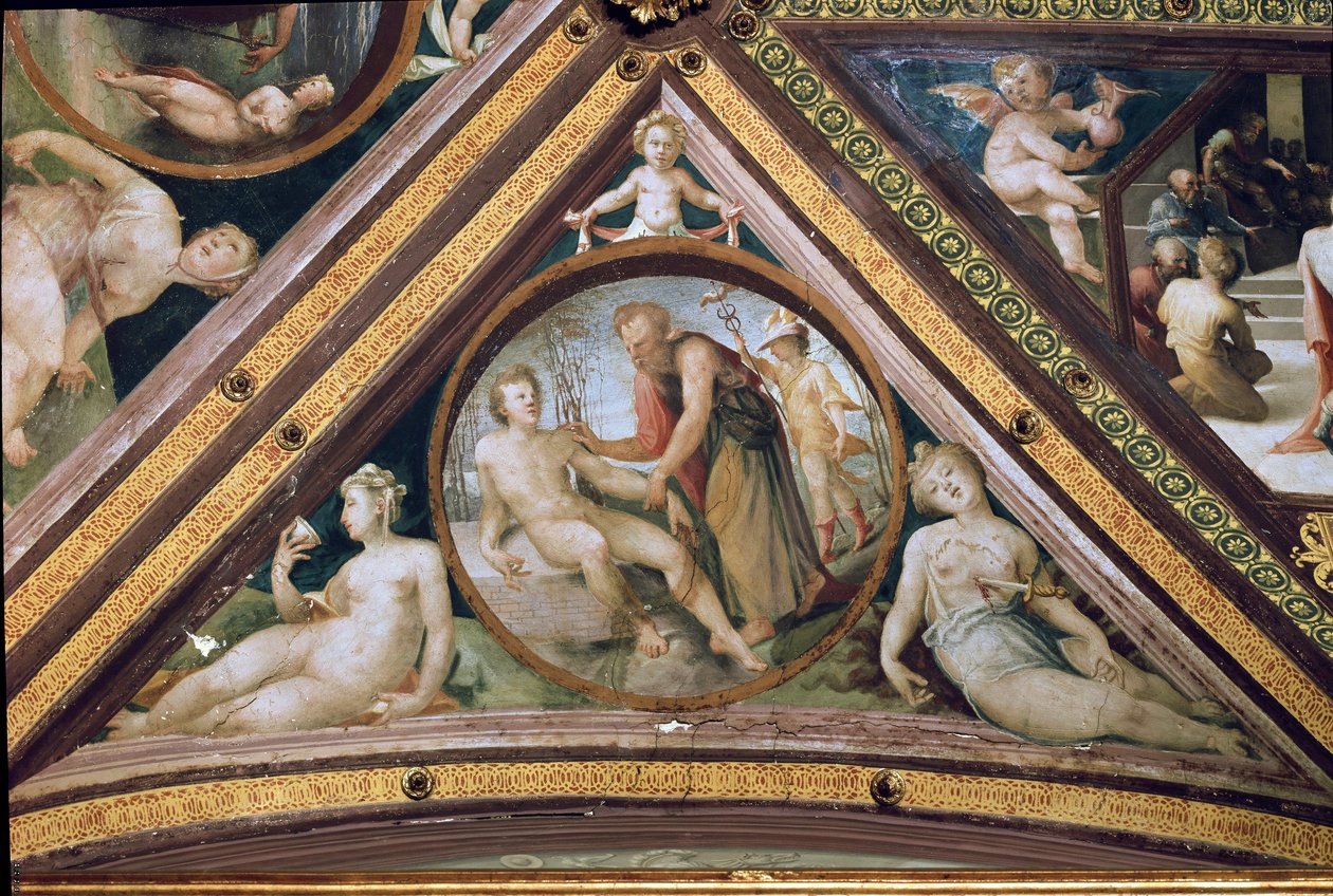 Promethee criando o homem sob o olhar de Mercúrio segurando um decíduo e usando um capacete e sandálias Fresco por Domenico Beccafumi (1486-1551) de Domenico Beccafumi