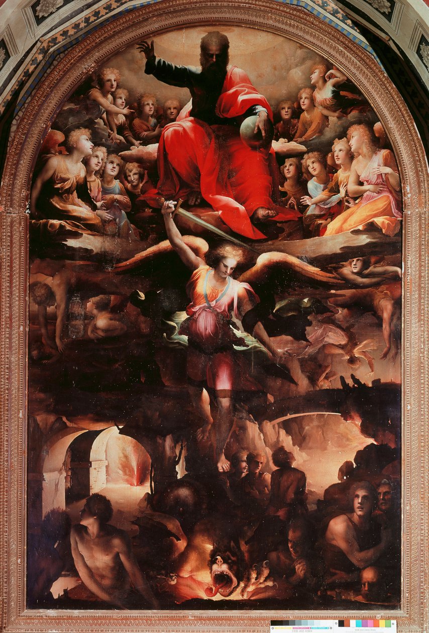 Saint Michael Chasing Rebel Angels Pintura de Domenico Beccafumi (1486-1551) 1526-1530 aproximadamente. Sol. 348x225 cm. Siena, Igreja de San Niccolo al Carmine de Domenico Beccafumi