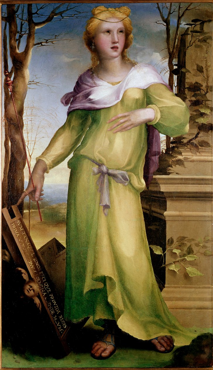 Tanaquil, esposa de Tarquín, o Ancião, rei de Roma. Após a morte de seu marido, ela assegurou a sucessão de seu genro Servius Tullius. Pintura de Domenico Beccafumi (1486-1551), cerca de 1519. Bebe. Dim: 92x53cm. Londres, Galeria Nacional - Tanaqui de Domenico Beccafumi