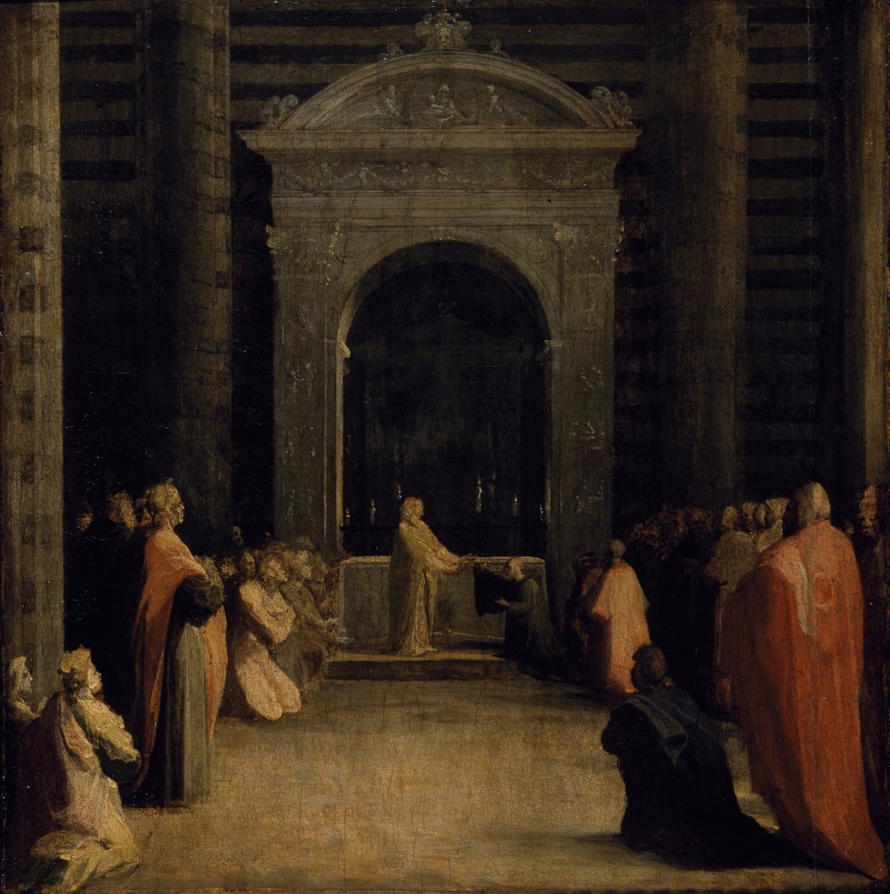 A Oferta das Chaves da Cidade de Siena à Virgem, em ou após 1526 (óleo sobre papel sobre painel de madeira) de Domenico Beccafumi