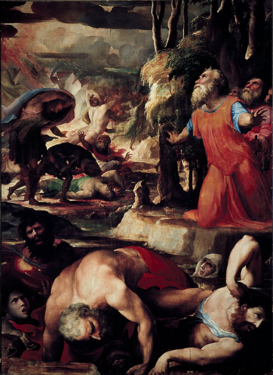The Punishment of Core (Kore), Dathan (Datan, Nathan) e Aboron (Abiram) (The Punishment of Celestial Fire, episódio da rebelião dos Levitas contra Moisés e a autoridade da Lei). Pintura de Domenico Beccafumi (1486-1551) de Domenico Beccafumi