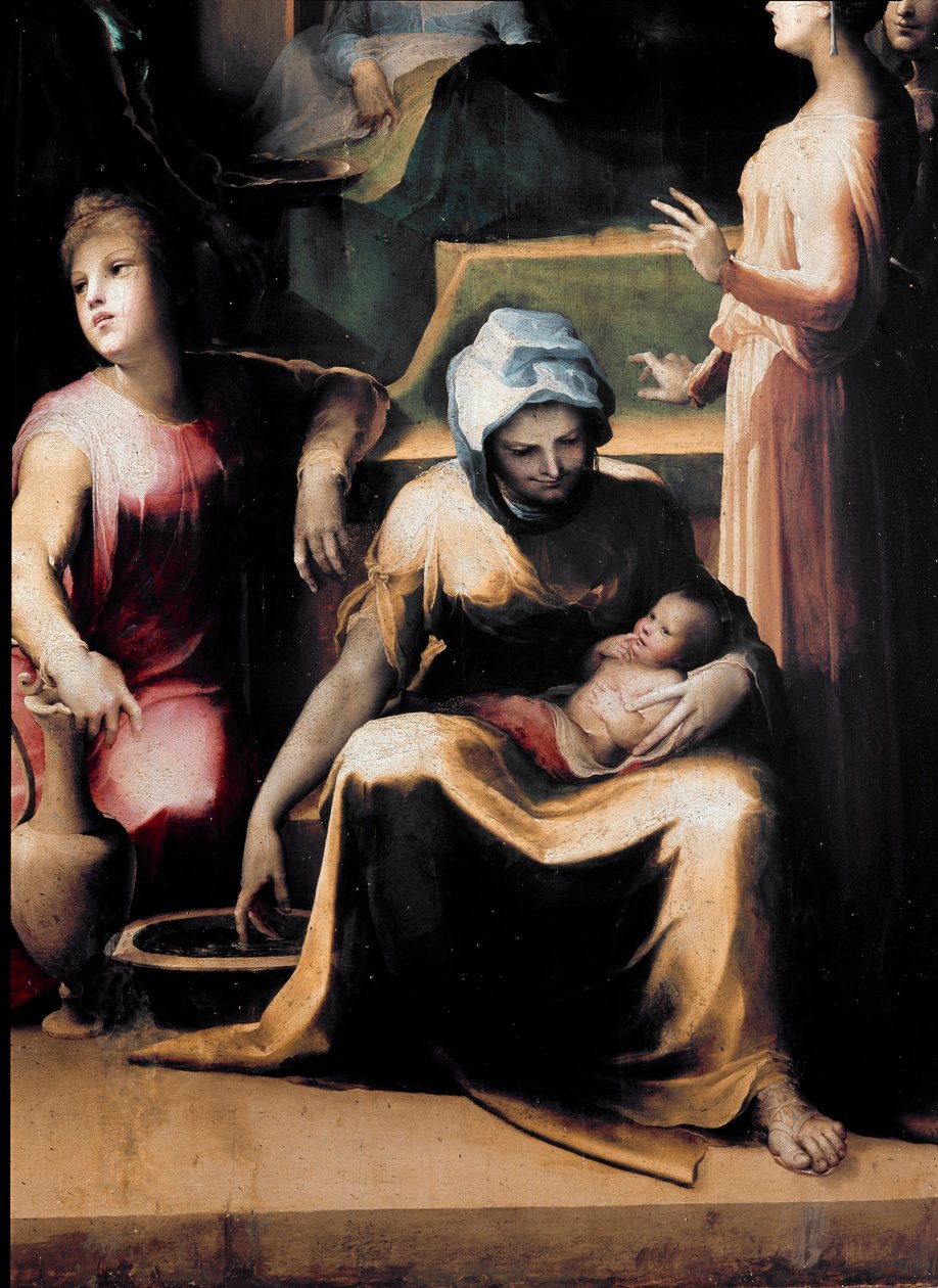 O nascimento da Virgem. Detalhe mostrando uma empregada com o novo do. Pintura de Domenico Beccafumi (1486-1551), cerca de 1540-1543. madeira. Dim: 233x145cm. Itália, Siena, Pinacoteca Nacional (Siena, Pinacoteca Nazionale). de Domenico Beccafumi