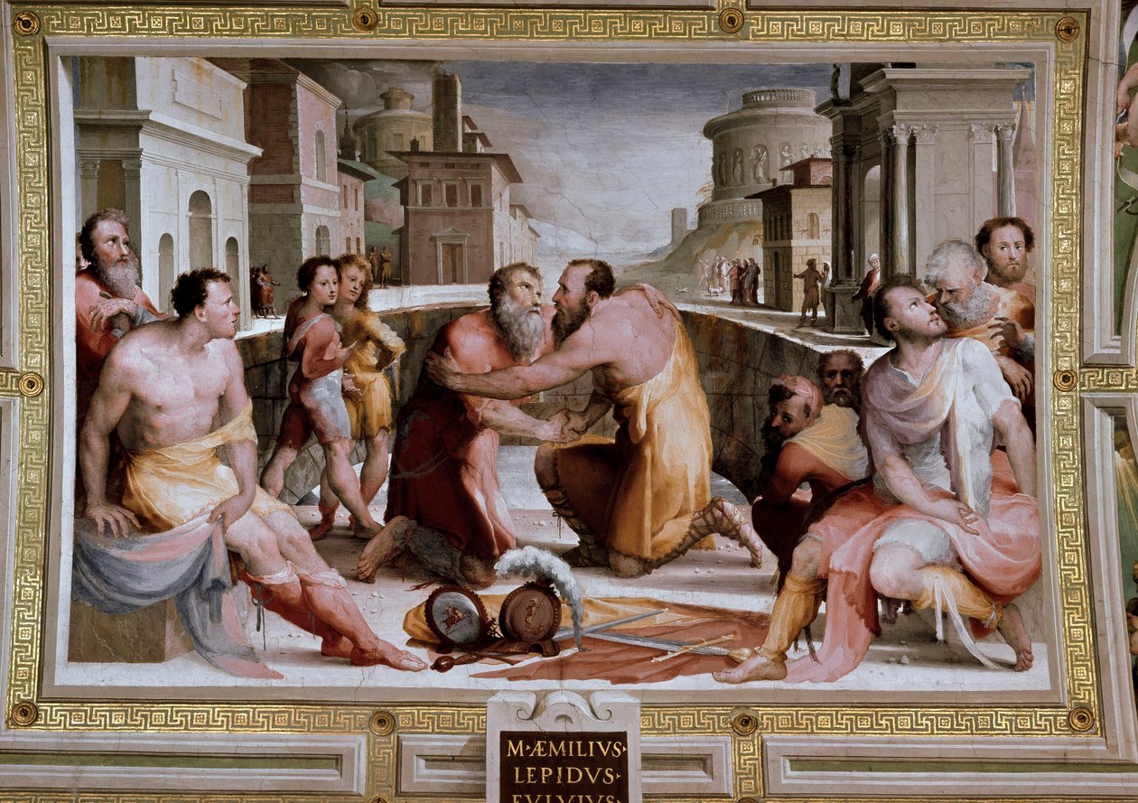 A conciliação do cônsul romano Marcus Fulvius Flaccus e Marcus Aemilius Lepidus por volta de 126 AC Fresco de Domenico di Giacomo di Pace dit Beccafumi (1486-1551) 1529-1535 Siena, palazzo pubblico de Domenico Beccafumi