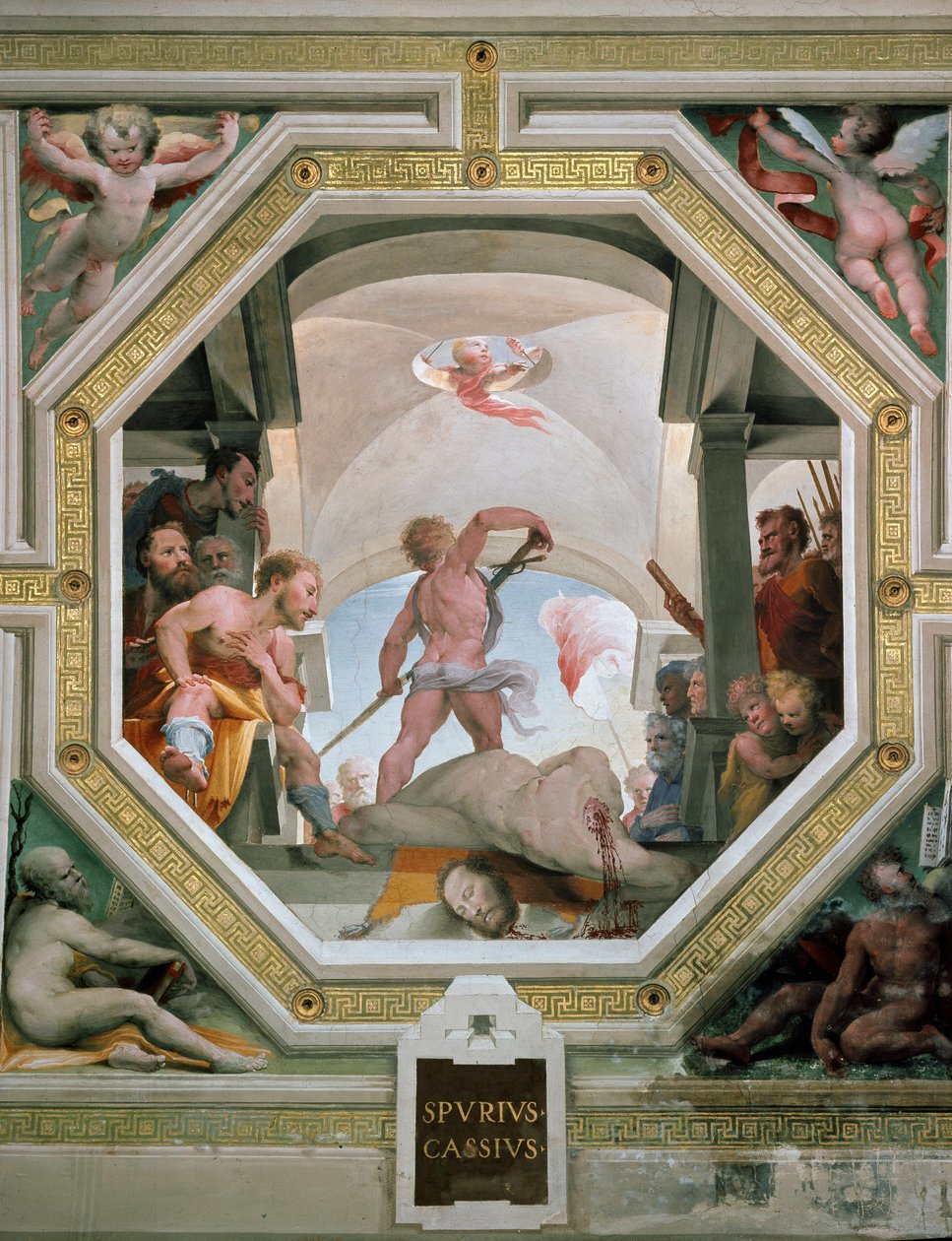A decapitação de Spurius Cassius Vecellinus ou Viscellinus executada pelo seu pai por considerar tornar-se rei em 485 AC Fresco por Domenico di Giacomo di Pace dit Beccafumi (1486-1551) 1529-1535 Siena (Siena), Palazzo pubblico de Domenico Beccafumi