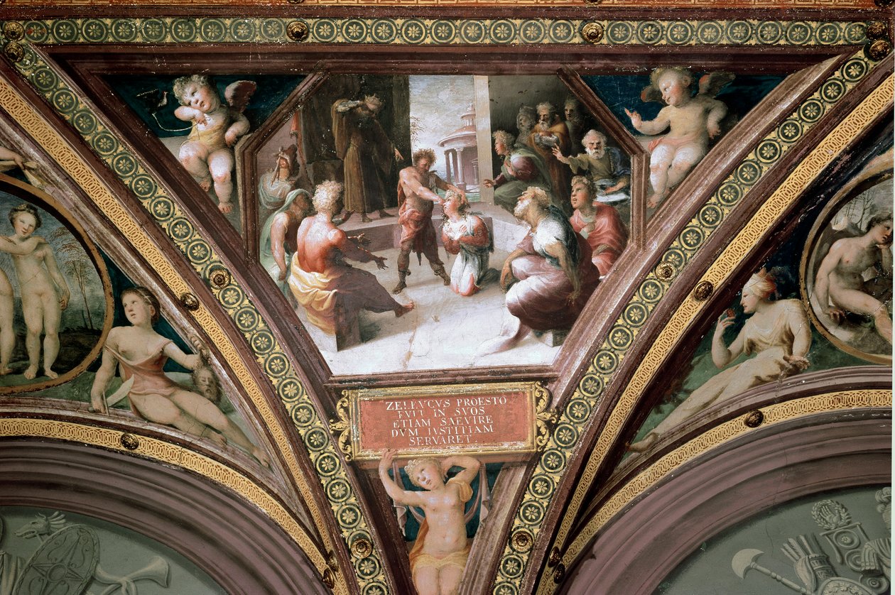 O sacrifício de Seleucos de Locres (Seleucus de Locride) Seleucos, depois de ter perdido um olho para o filho, comete um sacrifício para justificar o uso da arma proibida no Senado. Fresco por Domenico di Giacomo di Pace dit Beccafumi (1486-1 de Domenico Beccafumi
