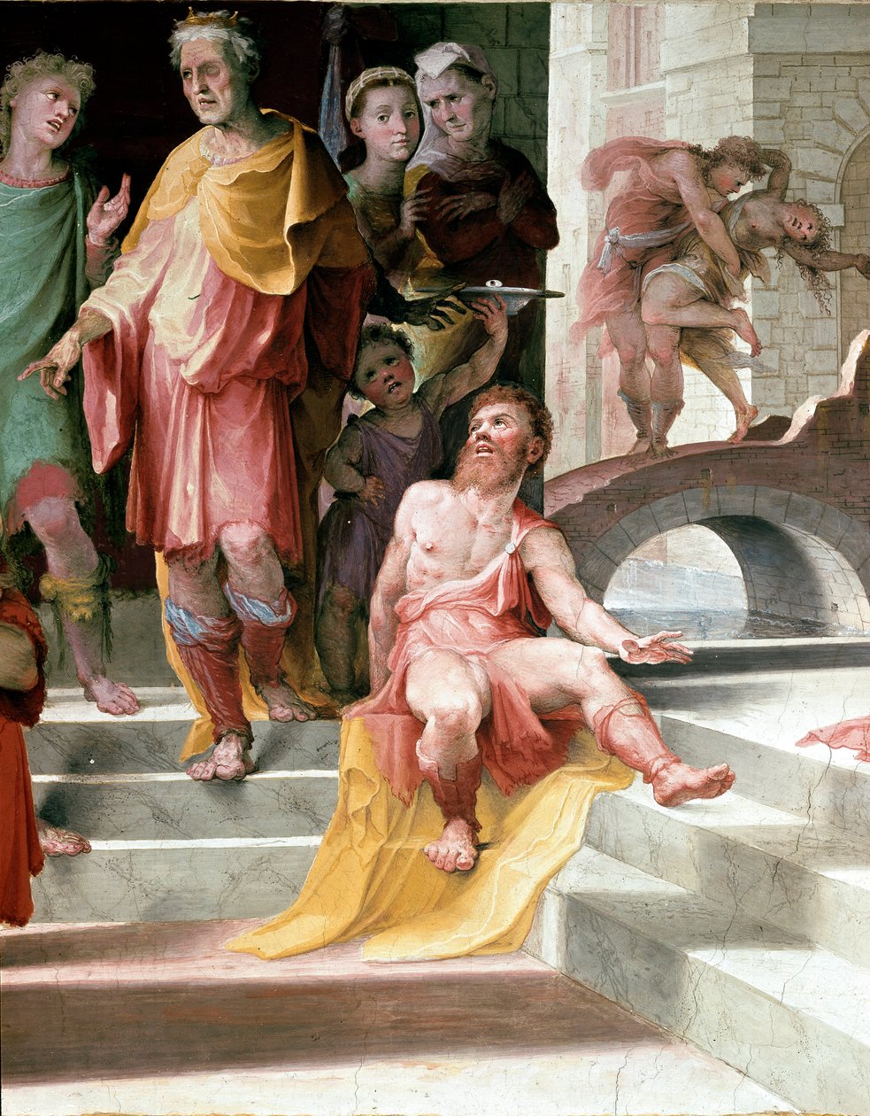 O sacrifício de Seleucos de Locres (Seleucus de Locride) Seleucos para cegar seu filho, a fim de puni-lo por um estupro que cometeu, prefere morrer com um dos olhos. Fresco por Domenico di Giacomo di Pace dit Beccafumi (1486-1551). Detalhe. 1529-1535 Si de Domenico Beccafumi